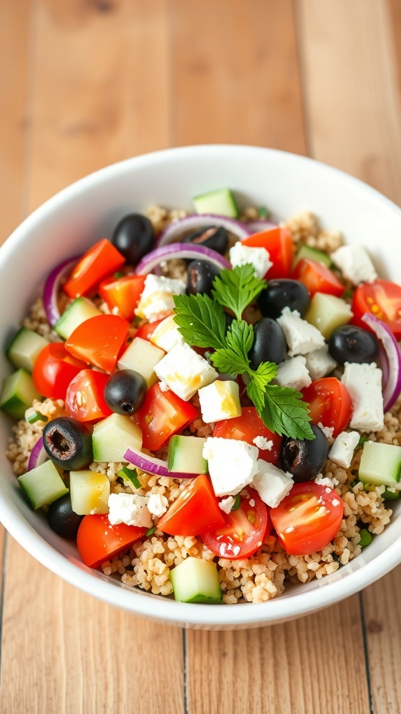 Quinoa Greek Salad Bowl Recipe A colorful quinoa Greek salad bowl with cucumbers, tomatoes, olives, feta cheese, and parsley on a wooden table.